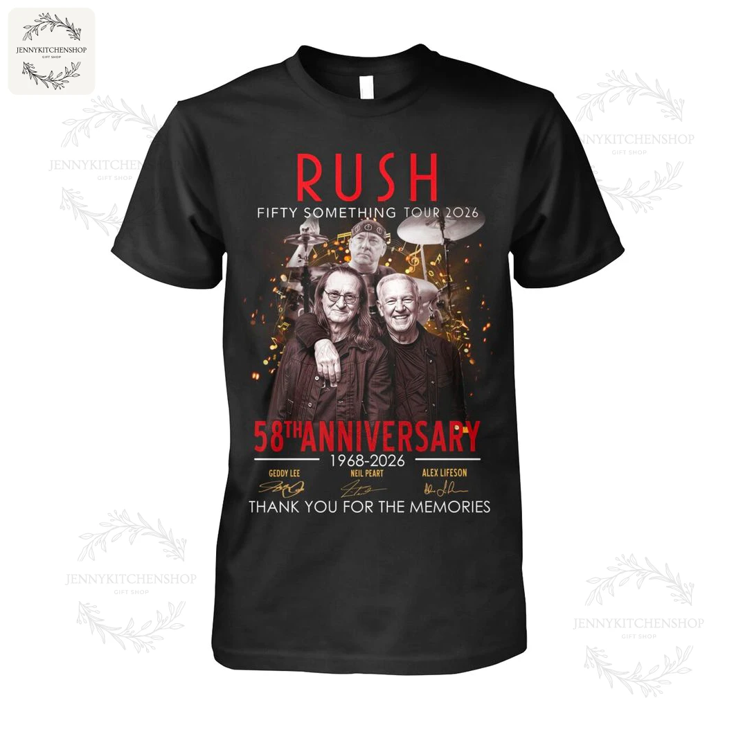 A black t-shirt featuring the band Rush, celebrating their 58th anniversary with tour dates 1968-2026 and member signatures.