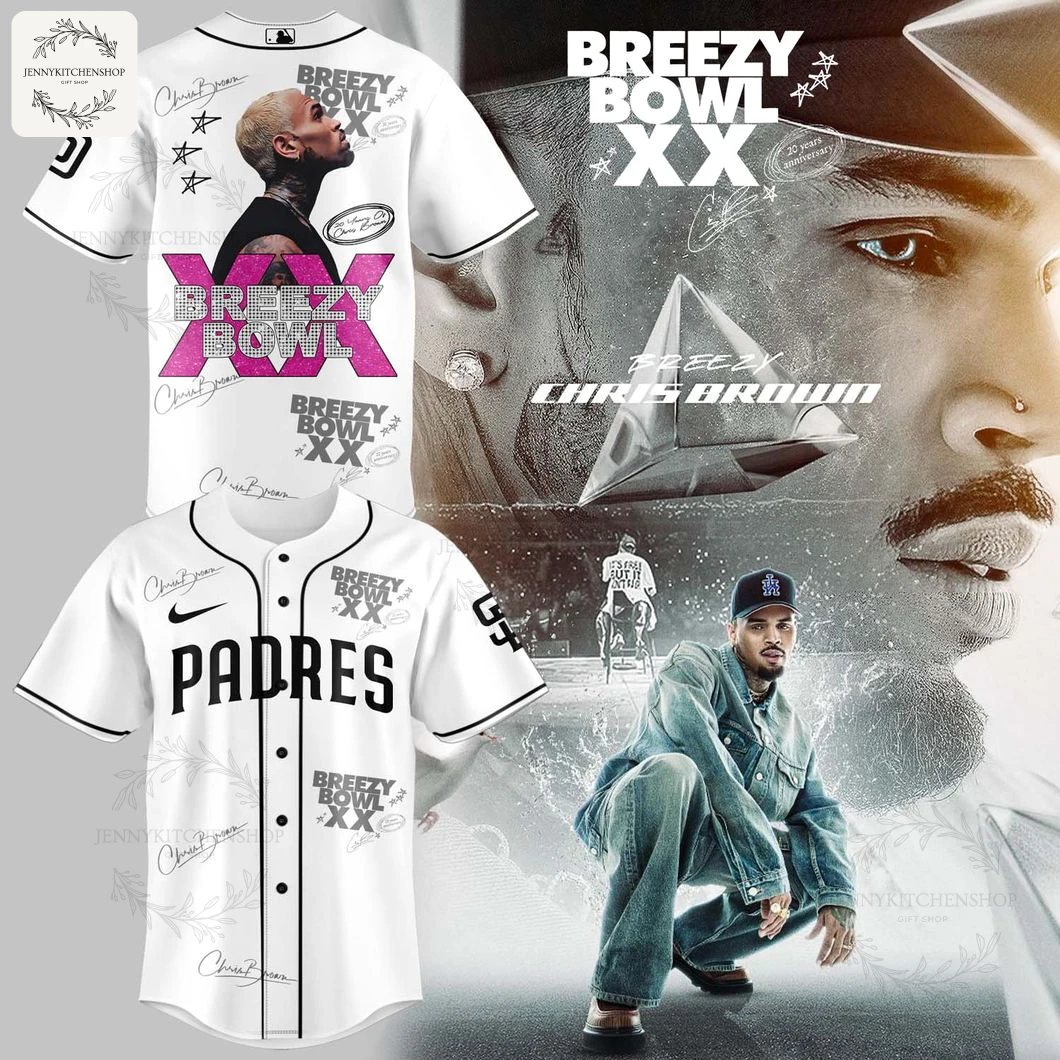 A promotional collage for the San Diego Padres Chris Brown Breezy Bowl XX jersey, showing the front and back of the jersey.
