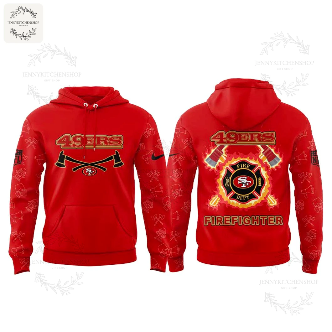 A side-by-side view of the front and back of the red San Francisco 49ers Firefighter Appreciation hoodie on a white background.
