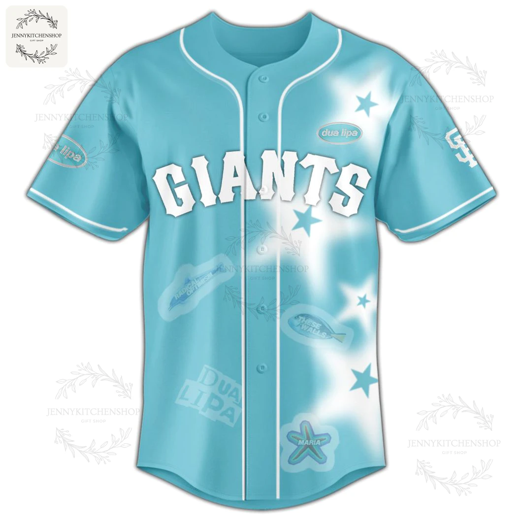 The front of a light blue baseball jersey with GIANTS in white text, the SF logo on the sleeve, and various Dua Lipa graphics.