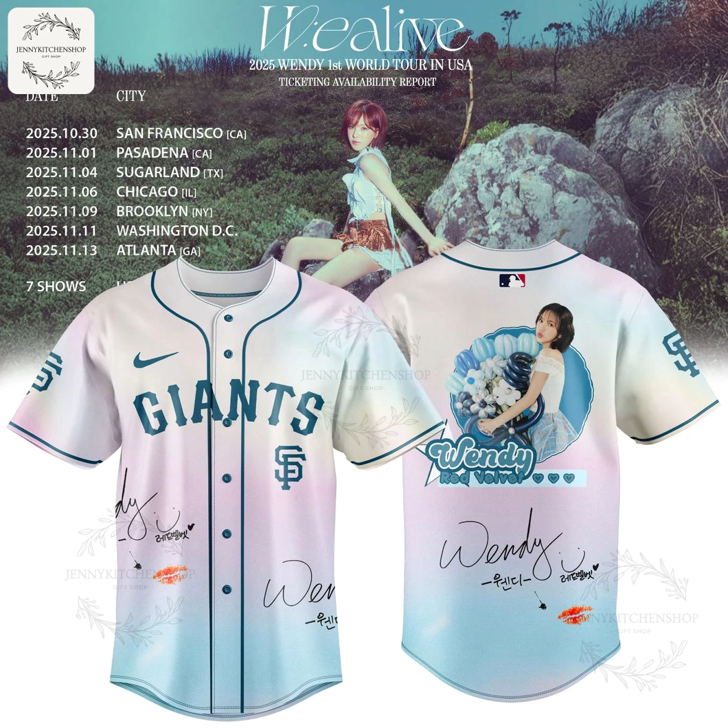 Front and back view of the San Francisco Giants x Wendy Wealive 2025 World Tour baseball jersey, set against a tour poster.