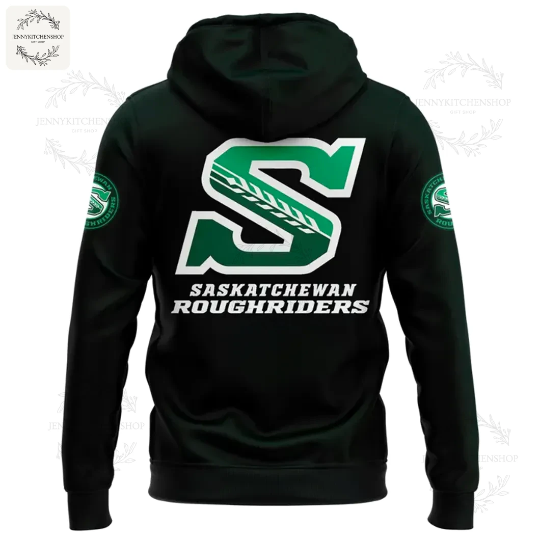 Back View of the Saskatchewan Roughriders New 2025 Hoodie Back of the dark green Saskatchewan Roughriders 2025 hoodie with the large team 'S' logo and full team name printed below it.