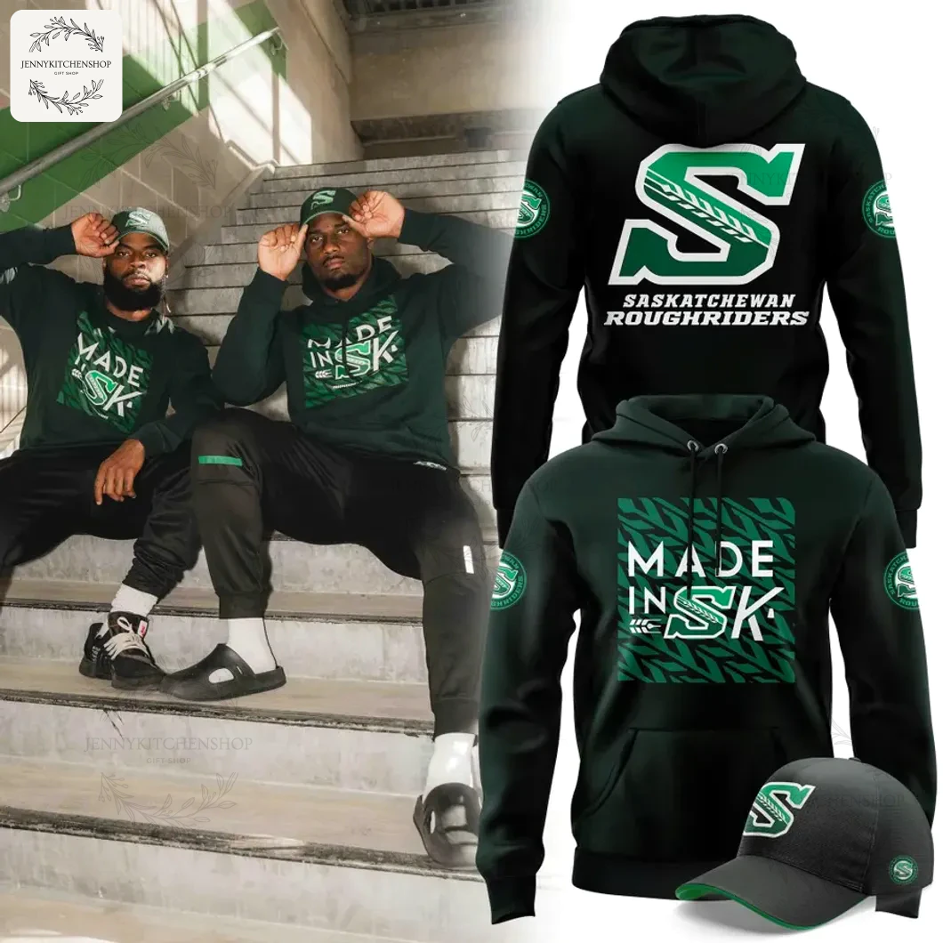 Two models wearing the new 2025 Saskatchewan Roughriders hoodie and hat, alongside product shots of the front and back of the hoodie.