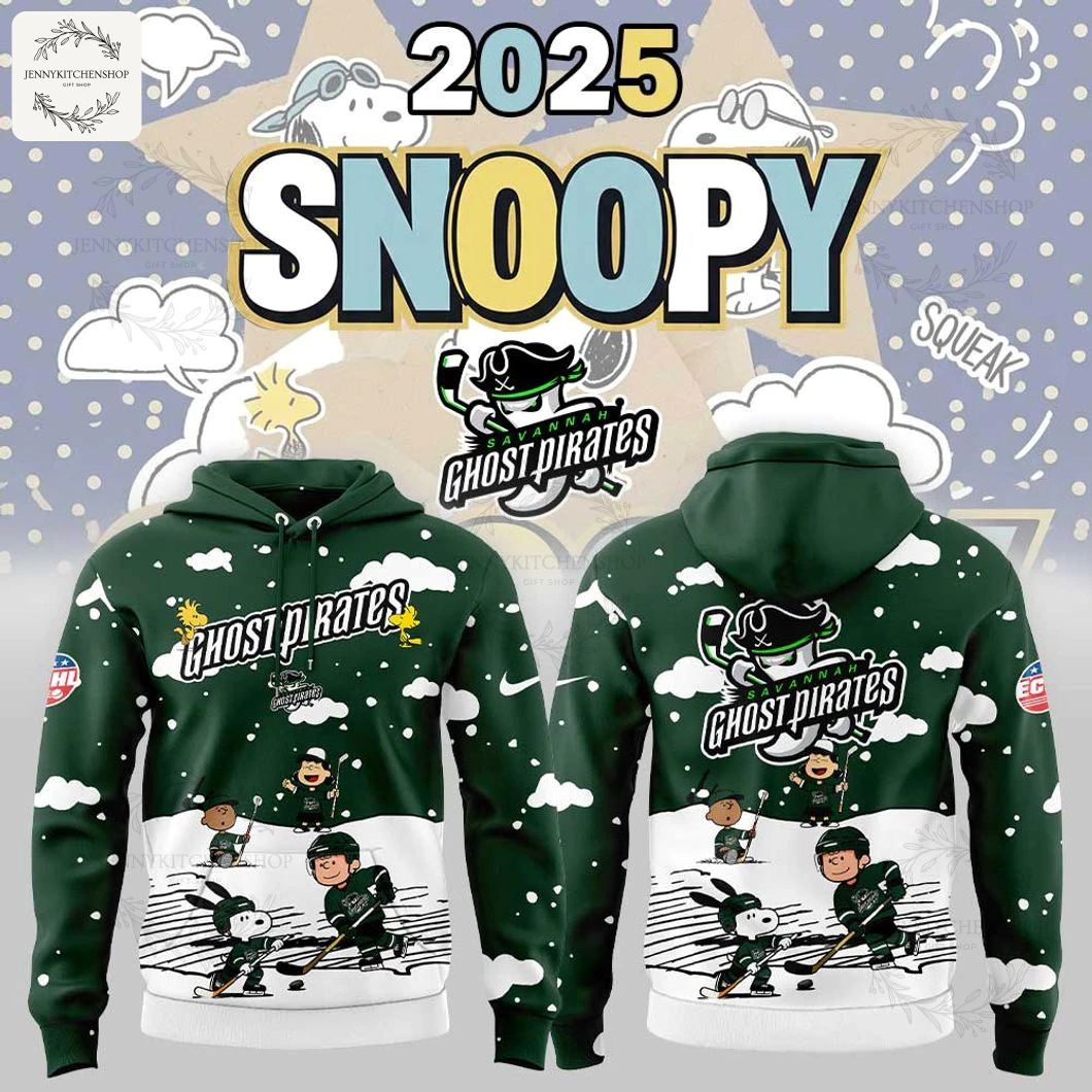 Promo image for the Savannah Ghost Pirates Snoopy hoodie, showing front and back views with Peanuts characters playing hockey.