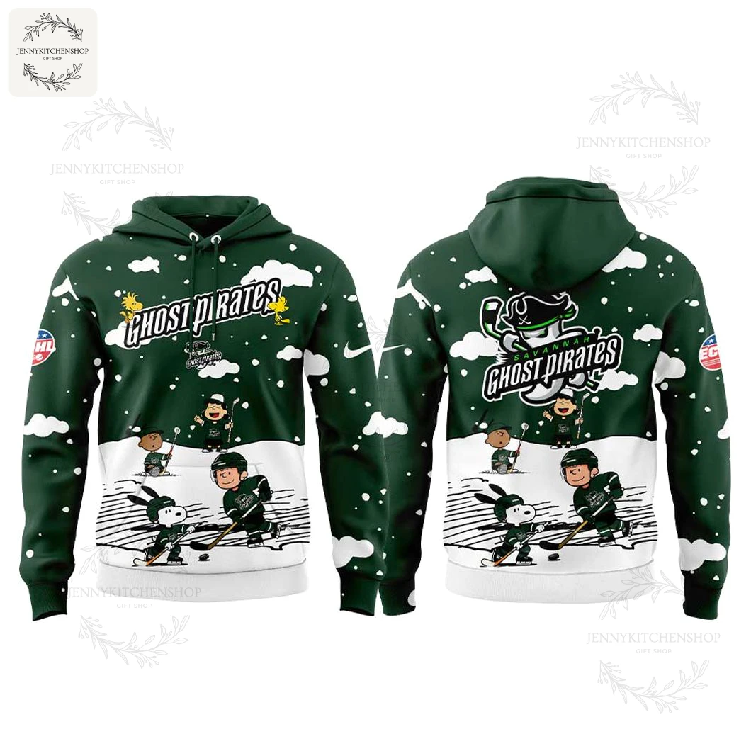 A clear mockup of the front and back of the green Savannah Ghost Pirates x Snoopy hoodie featuring a snowy, hockey-themed design.
