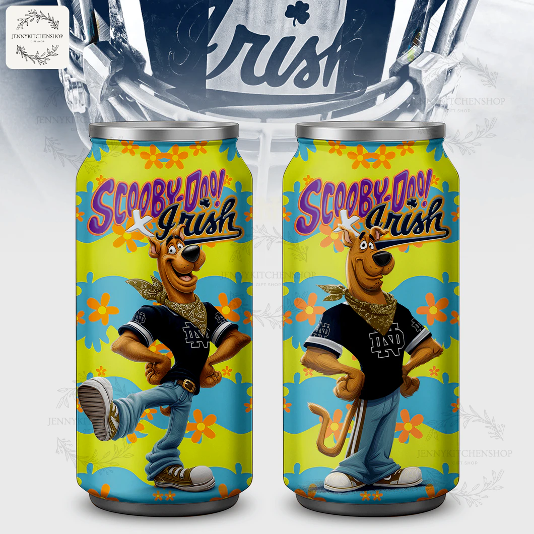 Two Scooby-Doo x Fighting Irish Coca Tumblers showing Scooby in different poses against a retro floral background.