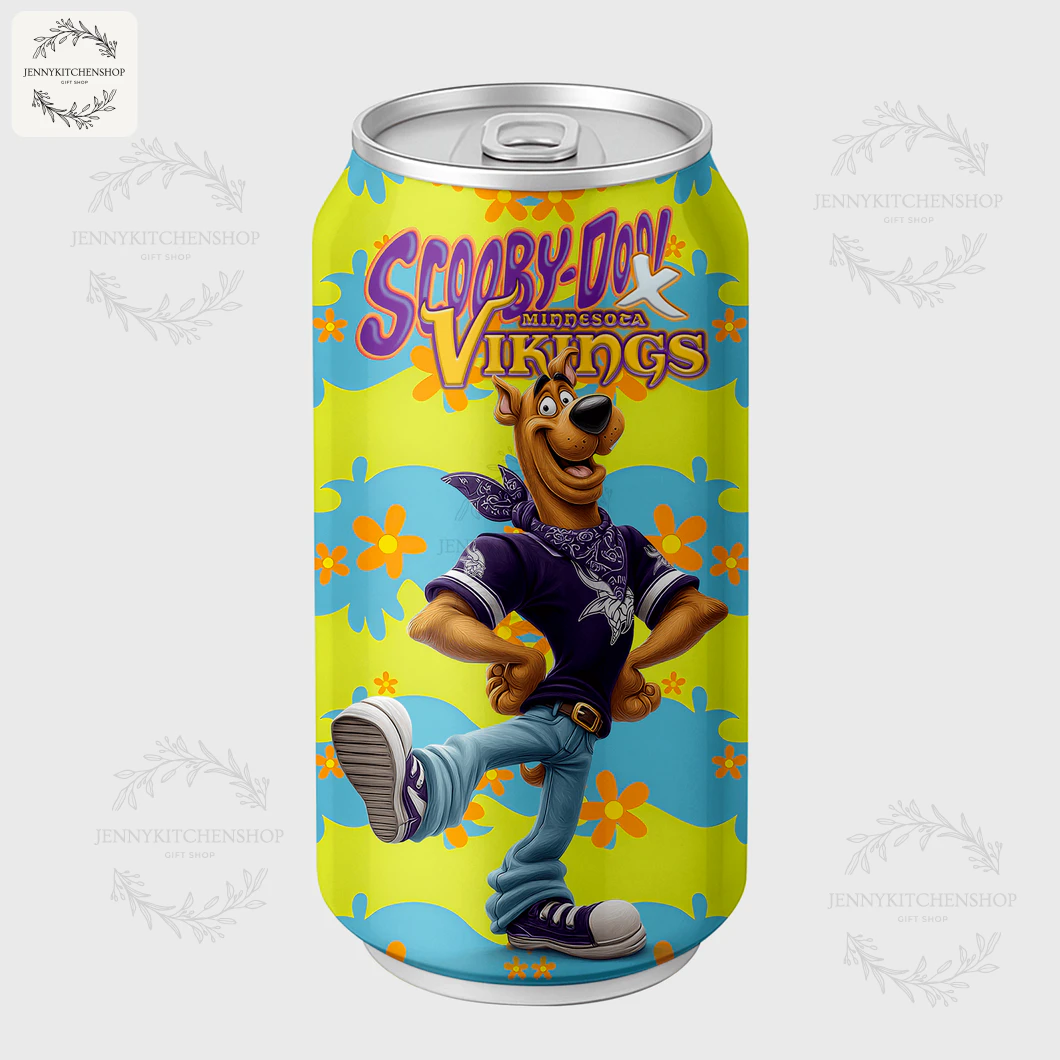A single Scooby-Doo x Minnesota Vikings Coca Tumbler featuring Scooby-Doo kicking one leg up while wearing a Vikings t-shirt.