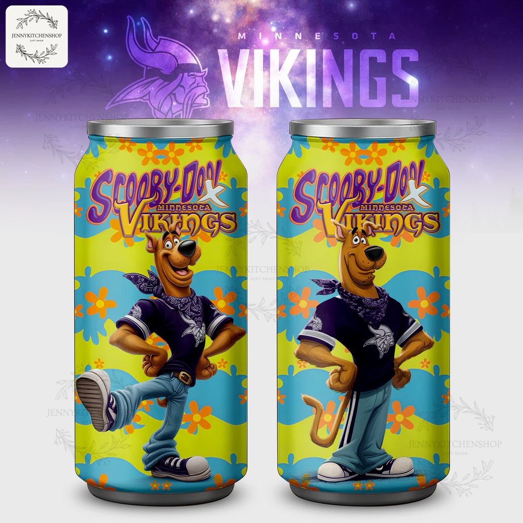 Two Scooby-Doo x Minnesota Vikings Coca Tumblers showing Scooby in different poses wearing a Vikings shirt and a groovy bandana.