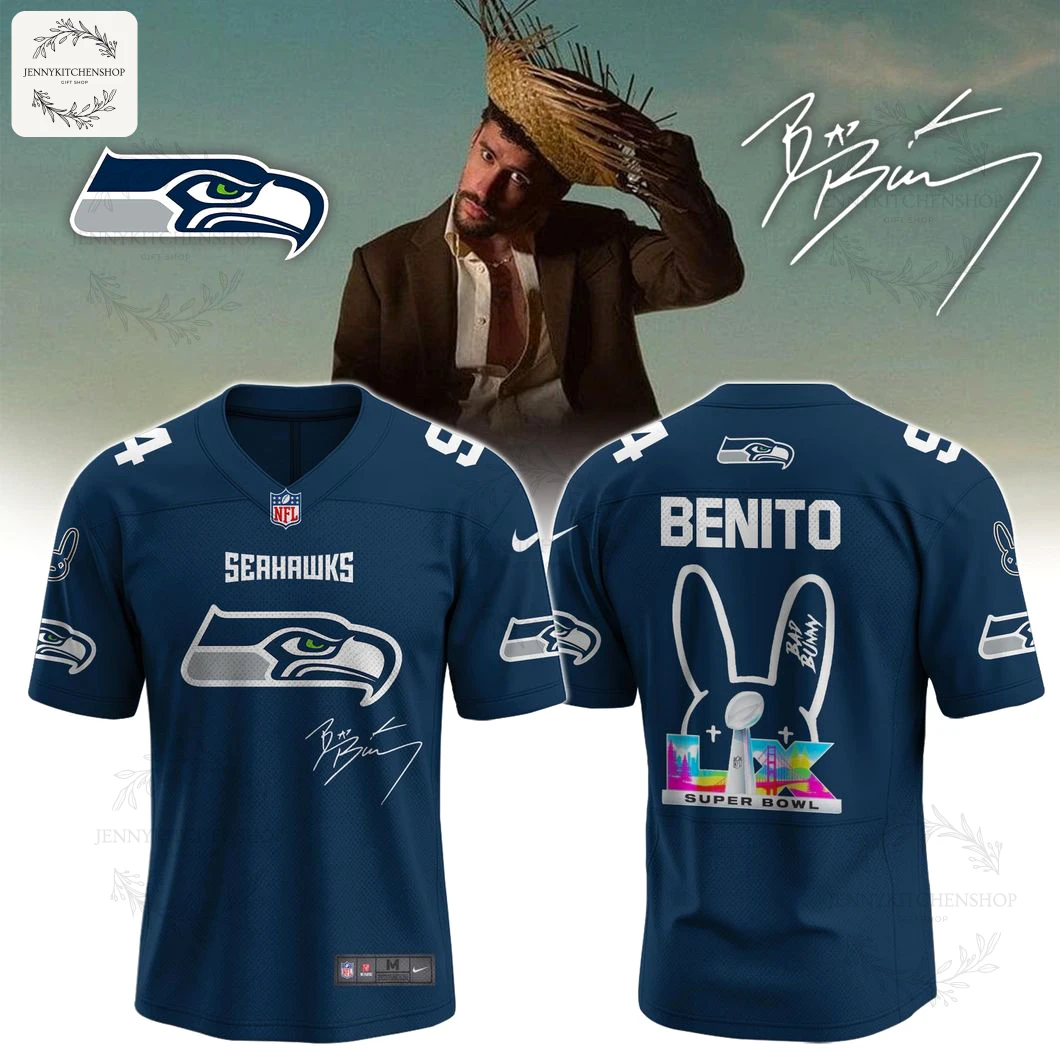 Front view of navy Seattle Seahawks x Bad Bunny Super Bowl football jersey featuring Seahawks wordmark, large team logo on chest, Bad Bunny signature print and visible shoulder numbers