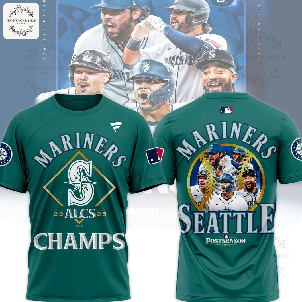 A dark green 3D T-shirt celebrating the Seattle Mariners as 2025 ALCS Champions, showing the front and back designs.