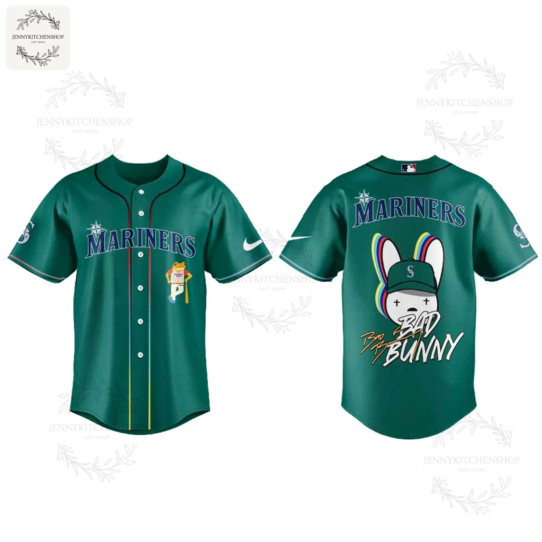 Front and back product shot of the green Seattle Mariners x Bad Bunny 2025 limited edition baseball jersey on a white background.