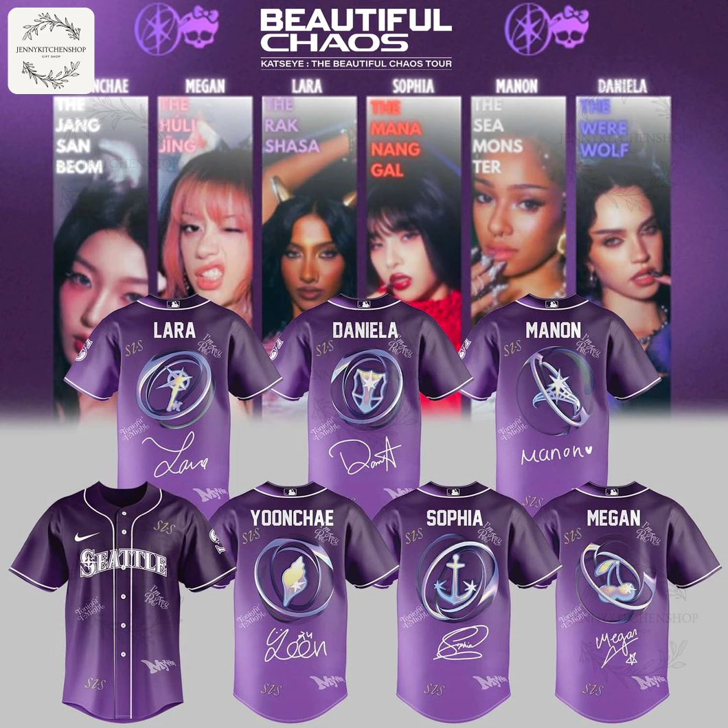 Front view of purple gradient baseball jersey featuring "Seattle" script across the chest, white piping and button-front design, Nike swoosh on the right chest, sleeve tour logos and stylized signature graphics near the hem.