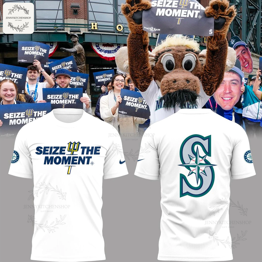 Front and back of the Seattle Mariners Seize The Moment white t-shirt shown over a photo of fans and the Mariner Moose mascot.