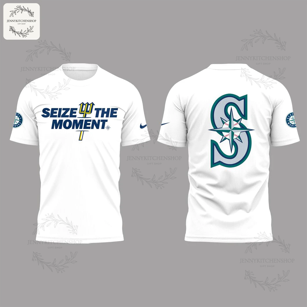 A front and back view of the white Seattle Mariners t-shirt with "SEIZE THE MOMENT" on the front and the S compass logo on the back.