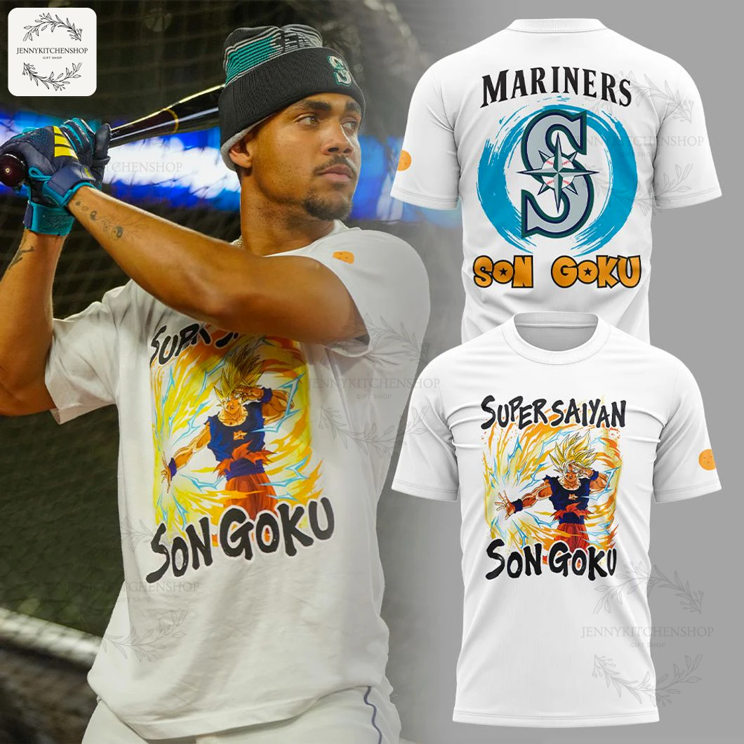 A Seattle Mariners player wearing the Son Goku shirt, alongside detailed front and back views of the 3D t-shirt design.