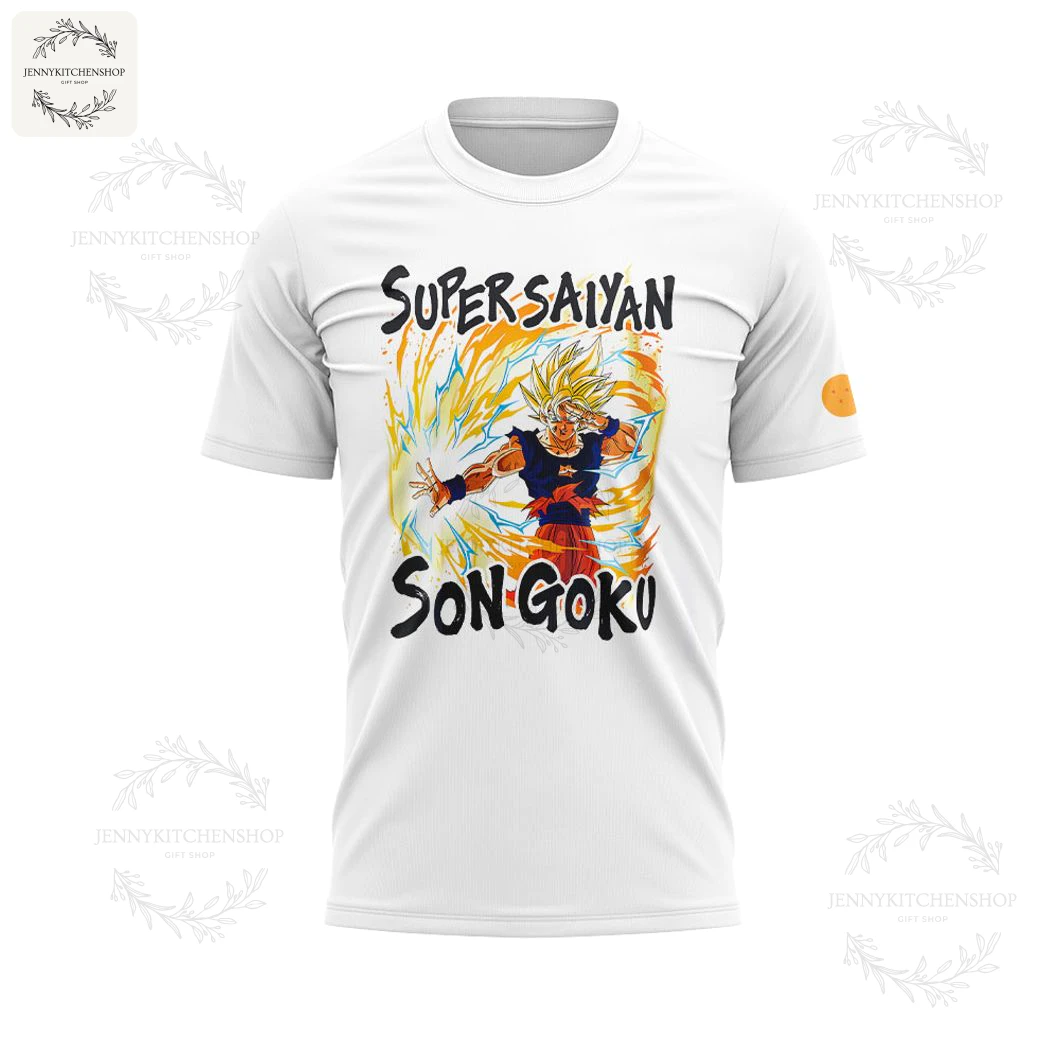 Front of the white Seattle Mariners t-shirt featuring a vibrant graphic of Super Saiyan Son Goku from Dragon Ball Z.