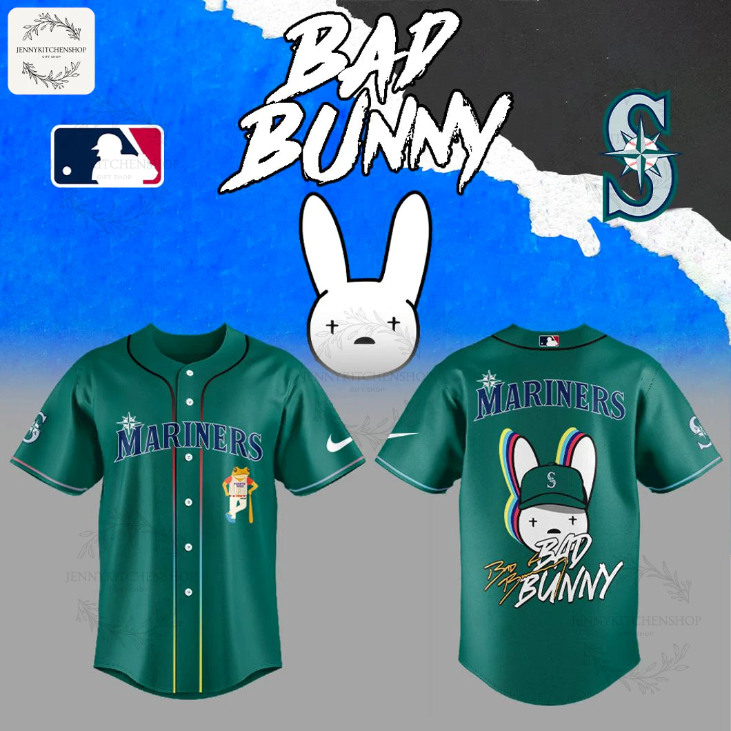 Promotional graphic for the limited edition Seattle Mariners x Bad Bunny jersey, showing front and back views with custom logos.