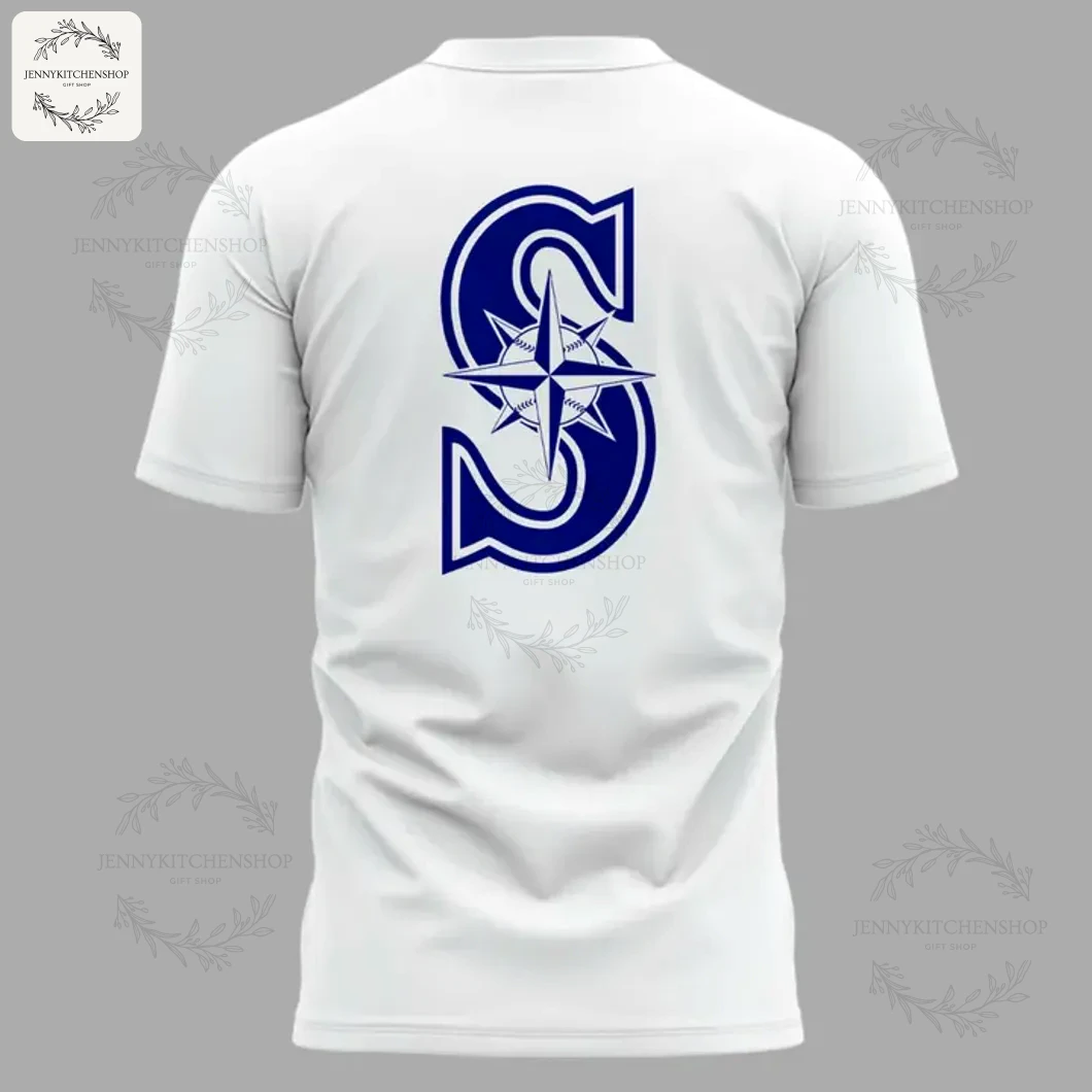 Back of Seize The Moment Seattle Mariners T-Shirt Close-up of the back of a white t-shirt featuring the large blue Seattle Mariners S compass rose logo.