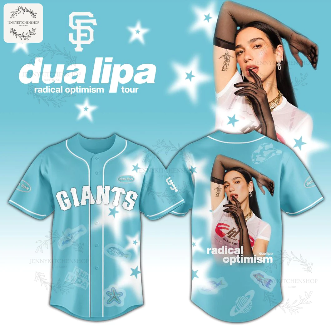 A mockup showing the front and back of the light blue San Francisco Giants and Dua Lipa Radical Optimism tour baseball jersey.
