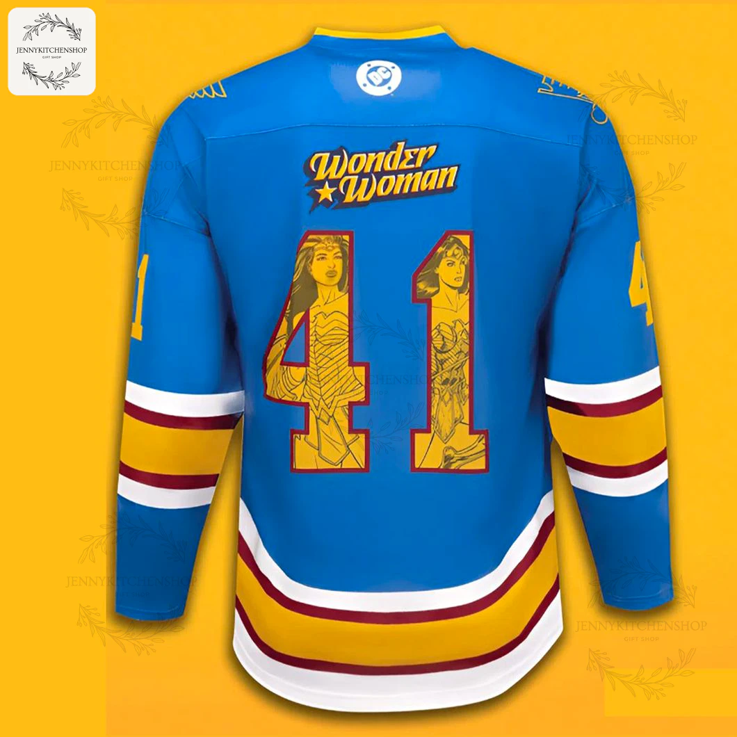 Back View of the St. Louis Blues Wonder Woman Jersey Close-up of the back of the St. Louis Blues hockey jersey showing the number 41 with Wonder Woman comic art inside.