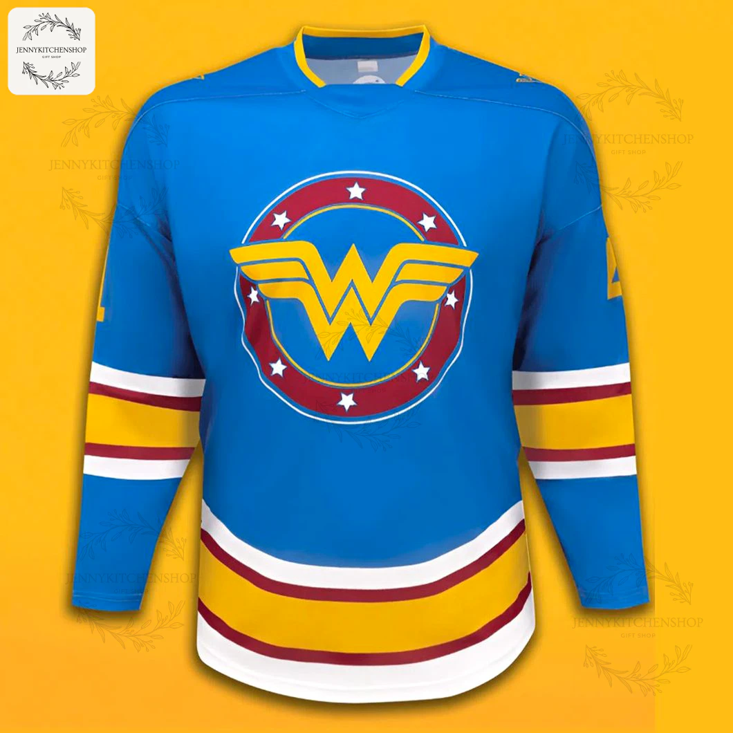 Close-up of the front of the blue St. Louis Blues hockey jersey featuring the iconic Wonder Woman crest on the chest.