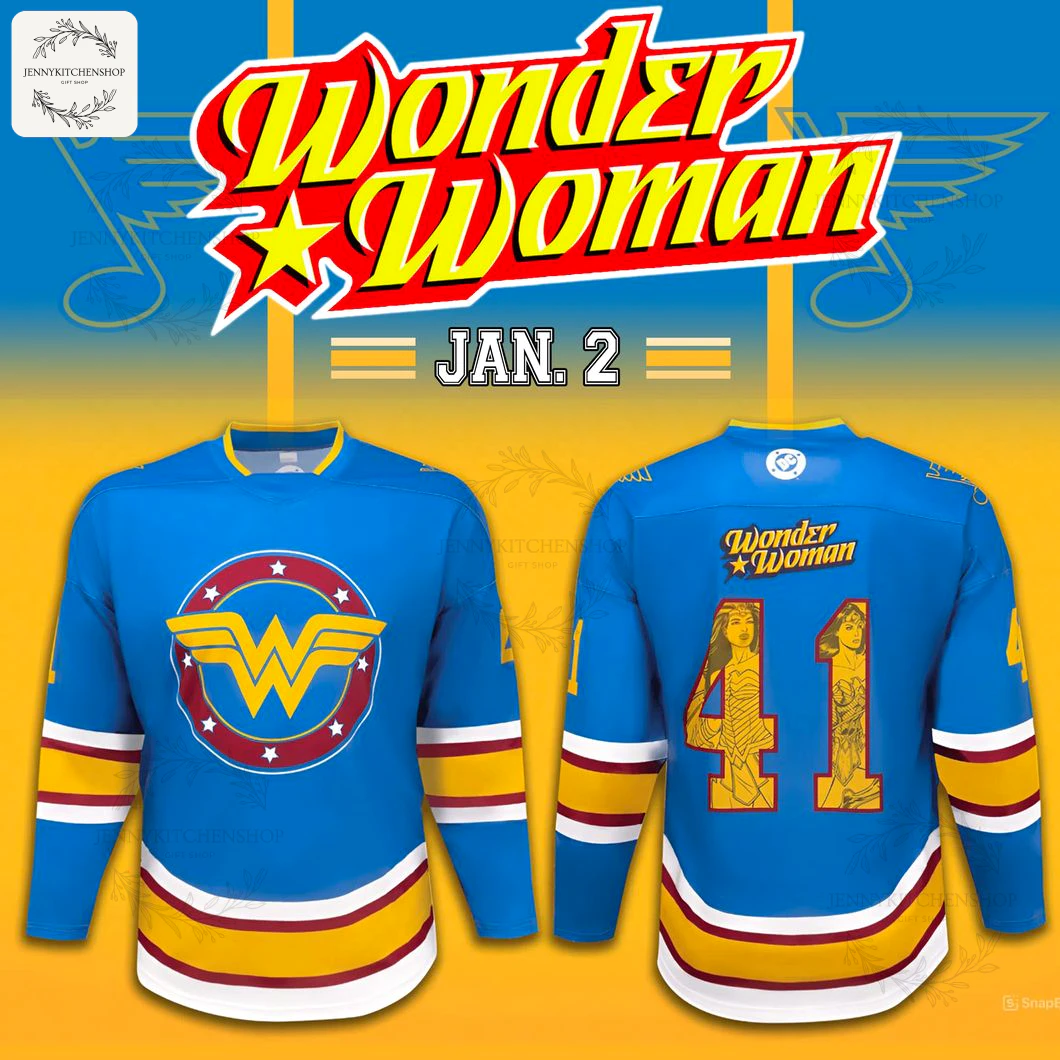 Promotional image showing the front and back of the St. Louis Blues Wonder Woman themed Super Hero Night hockey jersey.