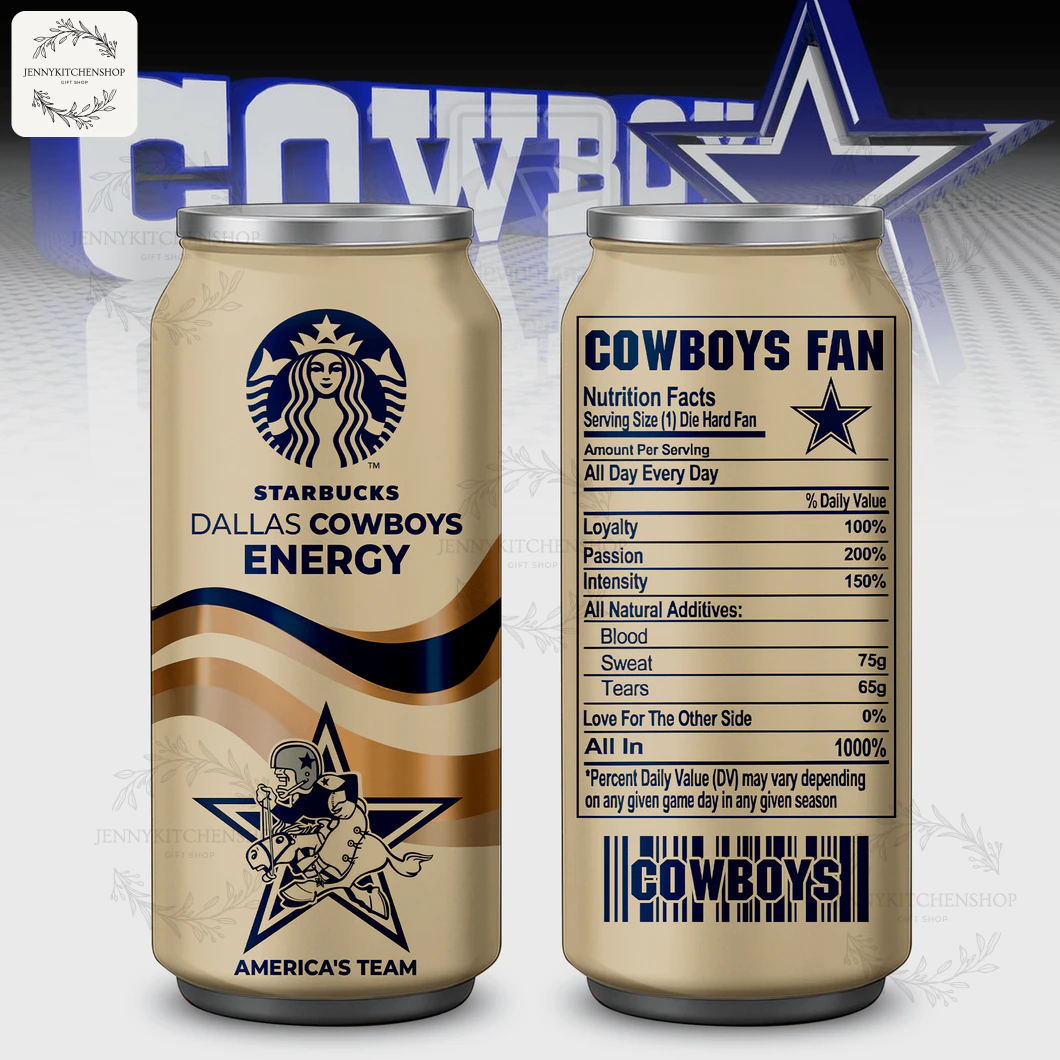 Front and back view of the Starbucks Dallas Cowboys can tumbler featuring the team logo and a humorous fan nutrition facts label.
