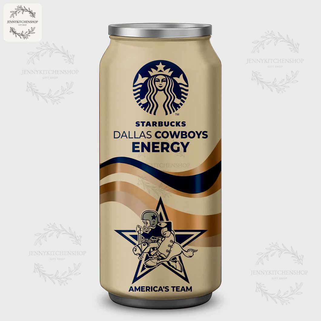 A tan can tumbler designed like a Starbucks energy drink with the Dallas Cowboys logo and the words "America's Team" on the front.