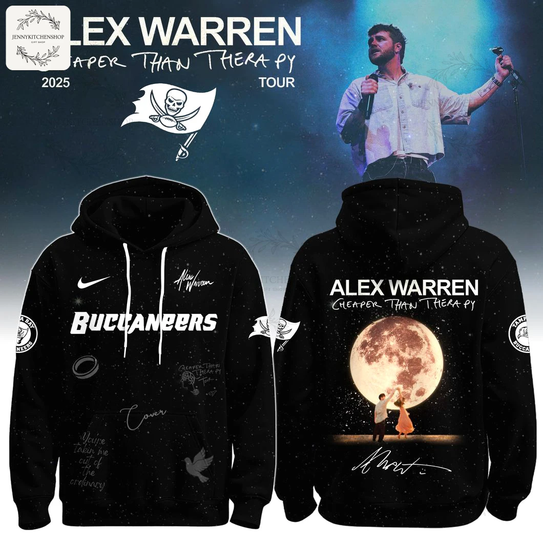 Back of a black hoodie with a Tampa Bay Buccaneers pirate skull and text reading Alex Warren Cheaper Than Therapy Global Tour.