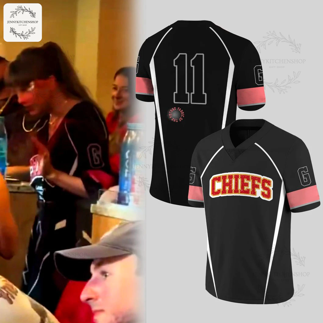 Split image showing Taylor Swift wearing a custom black jersey and the front and back views of the replica Chiefs jersey.