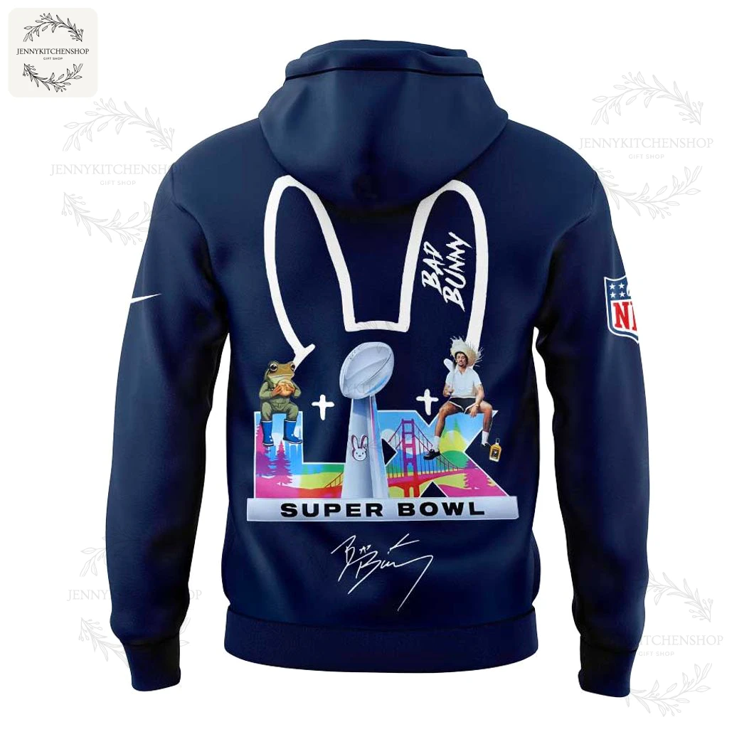 Back View of the Tennessee Titans x Bad Bunny Super Bowl Hoodie Back of the Tennessee Titans Bad Bunny hoodie showing a large Super Bowl graphic inside a white bunny ear outline.