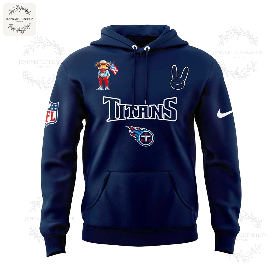 Front of the navy blue Tennessee Titans Bad Bunny hoodie featuring the Titans logo, a cartoon character, and a bunny outline.