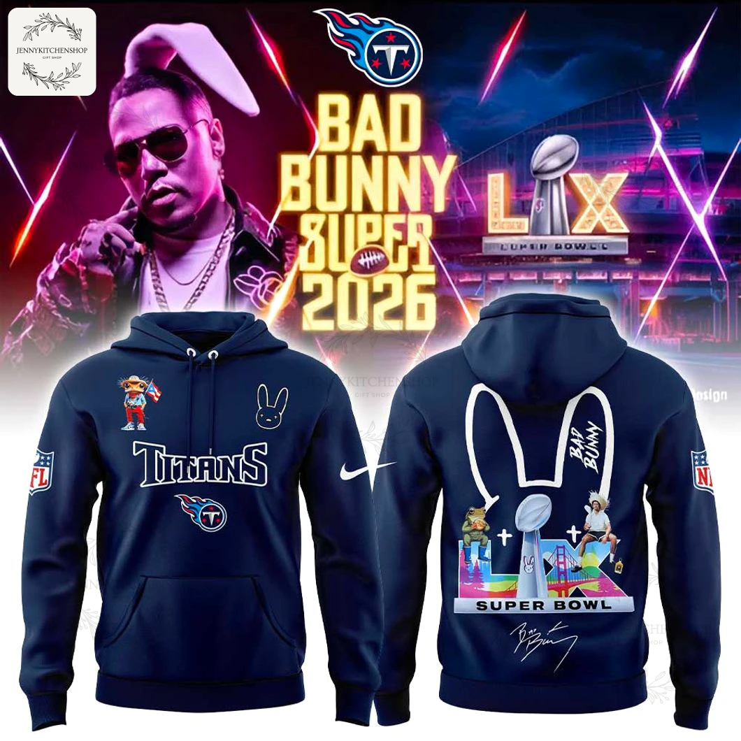 Promo image for the Tennessee Titans and Bad Bunny Super Bowl hoodie, showing the front and back of the navy blue sweatshirt.