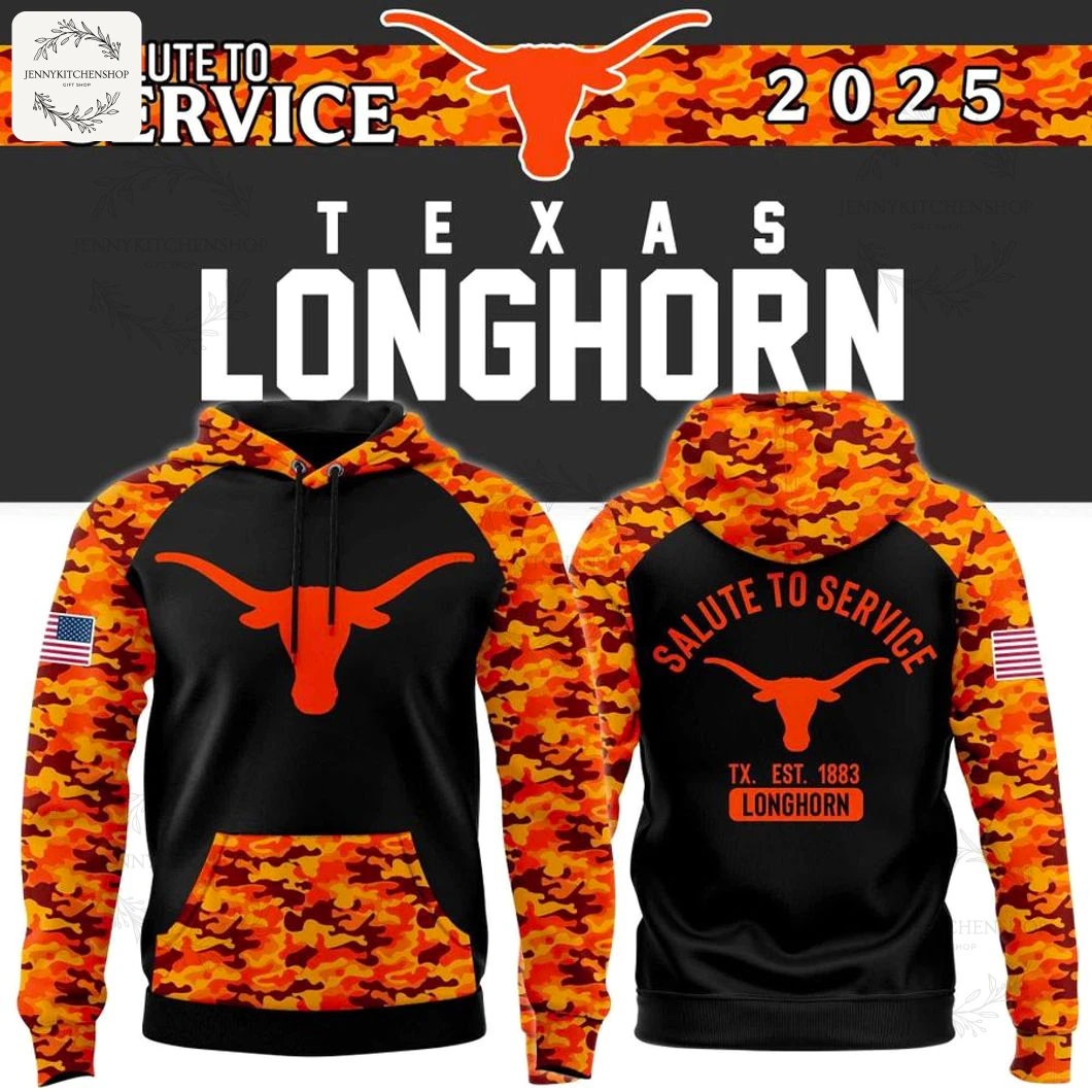 Front and back view of the Texas Longhorns 2025 Salute To Service hoodie with orange camo sleeves and team logos.
