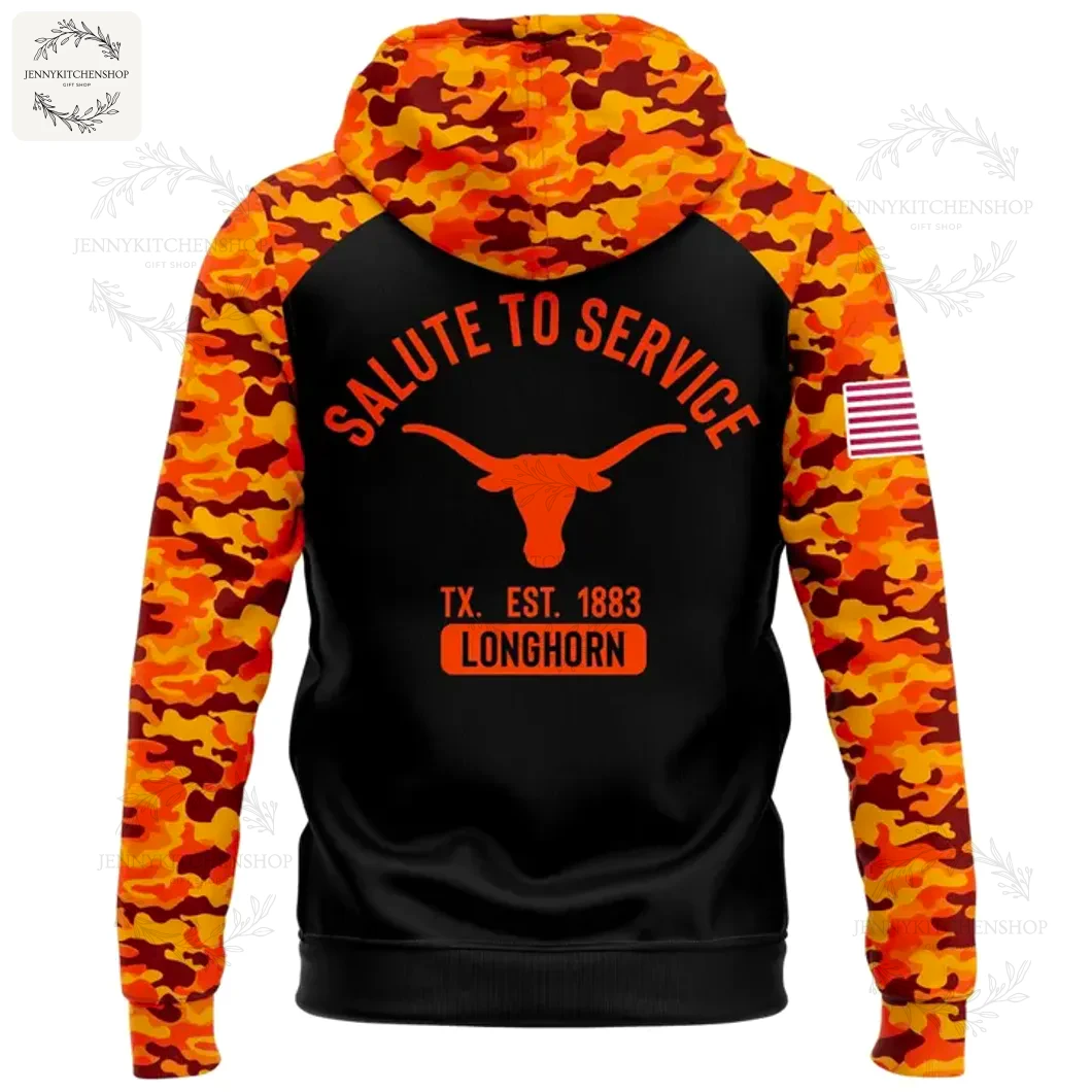 Back View of the Texas Longhorns 2025 Salute To Service Hoodie Back of the Texas Longhorns 2025 Salute To Service hoodie with "Salute To Service" text and logo on a black panel.