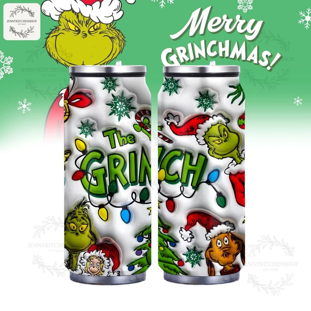 Front and back view of The Grinch can shaped tumbler, showing the full wrap design with Grinch, Max, and Cindy Lou Who characters.