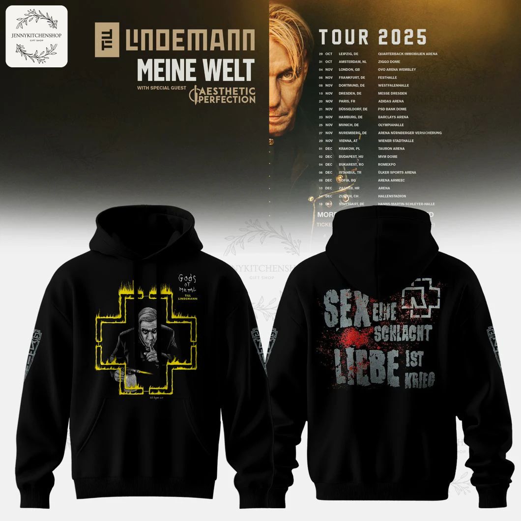 Black Till Lindemann hoodie showing front with 'Gods of Metal' graphic and back with 'Liebe Ist Krieg' text for the 2025 tour.