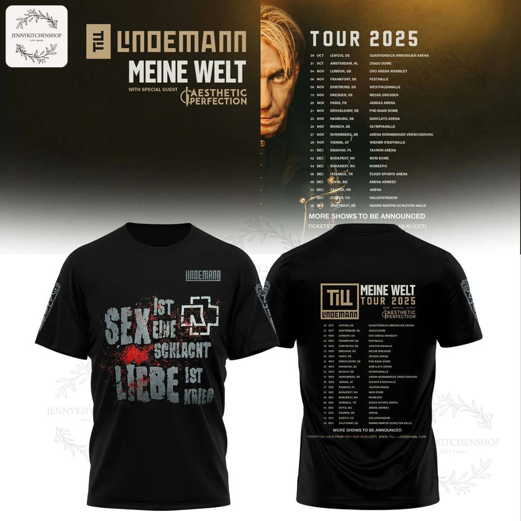 Front and back of the black Till Lindemann Meine Welt Tour 2025 t-shirt, featuring German lyrics on the front and tour dates on the back.