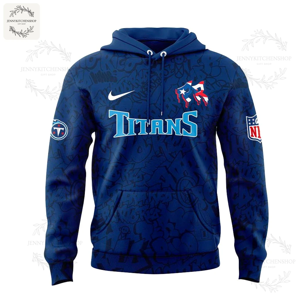 Front view of the navy blue Tennessee Titans hoodie, showing the Titans wordmark and a special Puerto Rican heritage logo on the chest.