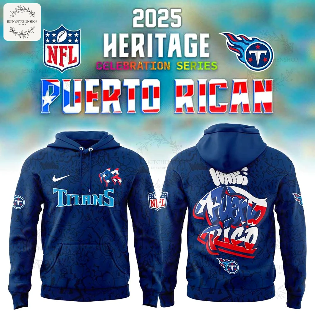 Front and back views of the navy blue Tennessee Titans Puerto Rican Heritage hoodie, part of the 2025 NFL Celebration Series.