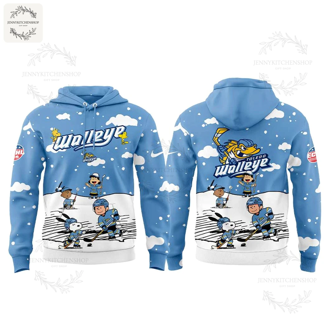 A front and back mockup of the Toledo Walleye x Snoopy 2025 hoodie on a white background showing the complete hockey graphic.