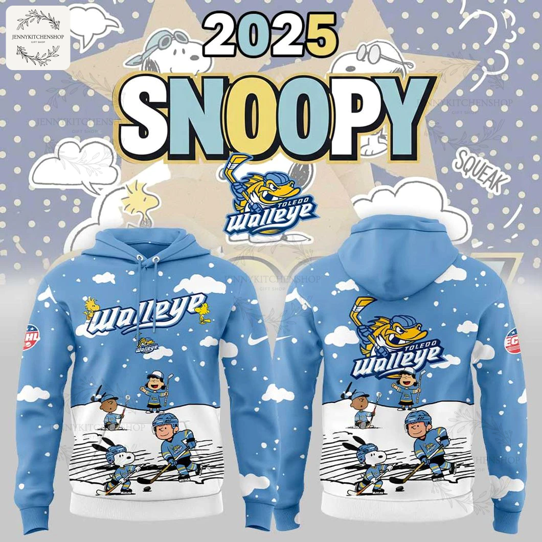 Promo image of the Toledo Walleye Snoopy 2025 hoodie showing front and back with Snoopy and friends playing hockey.