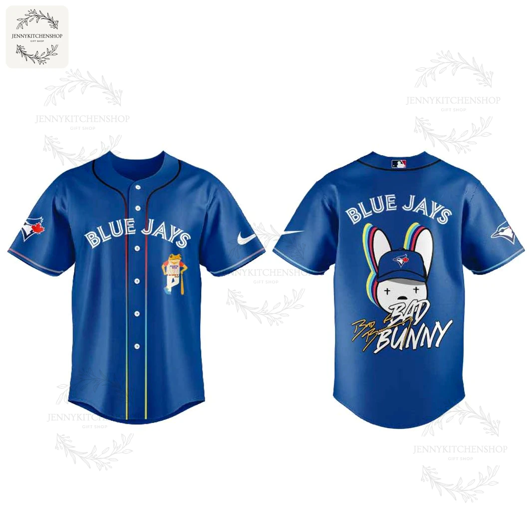A product shot showing the front and back of the Toronto Blue Jays x Bad Bunny 2025 collaboration baseball jersey.