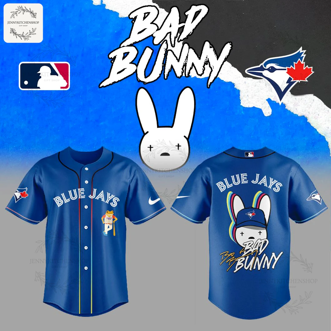 Front and back view of the limited edition Toronto Blue Jays x Bad Bunny 2025 baseball jersey on a stylized background.