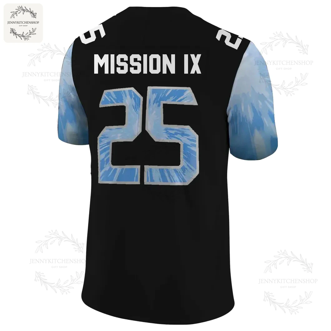 Back View of the Men's Black UCF Knights 2025 Space Game Jersey Back of the UCF Knights 2025 Space Game jersey showing the nameplate "MISSION IX" above the number 25.