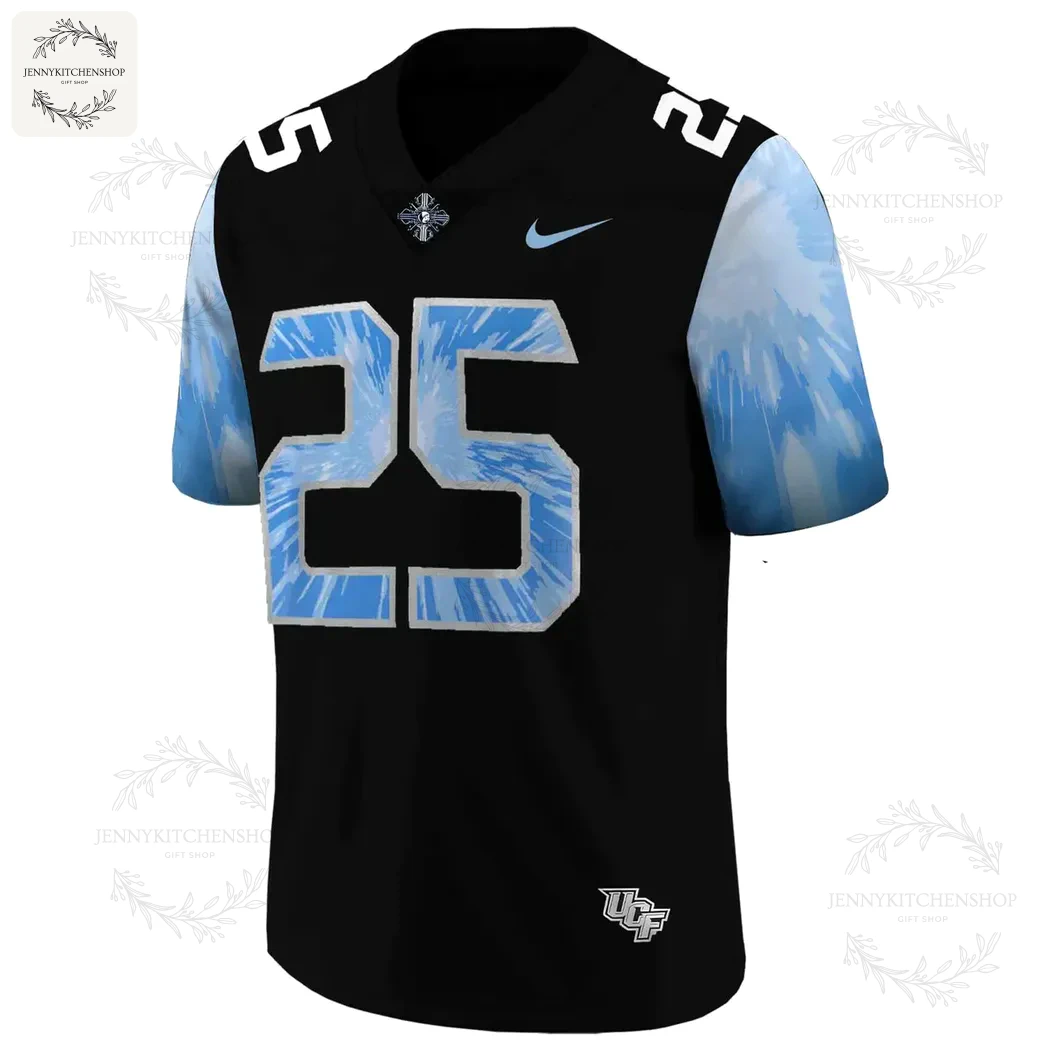 Angled front view of the black UCF Knights Space Game jersey with light blue patterned sleeves and the number 25.