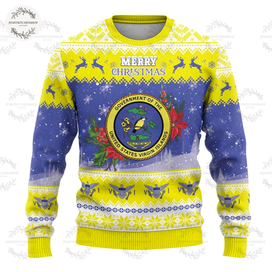 United States Virgin Islands Christmas Coat Of Arms With Poinsettia Ugly Christmas Sweater