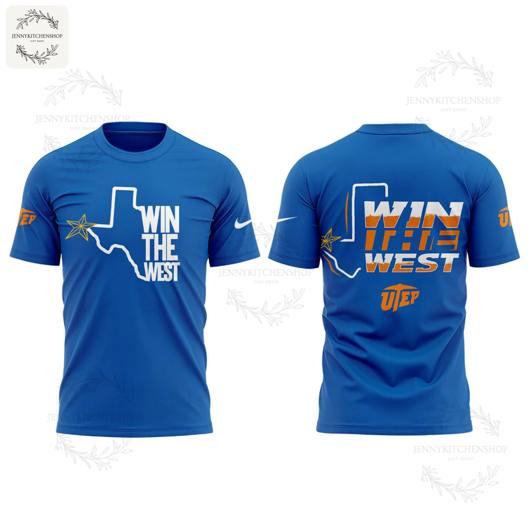 Front and back view of the UTEP Miners Win the West 3D T-Shirt in blue, featuring a Texas outline and bold orange and white text.