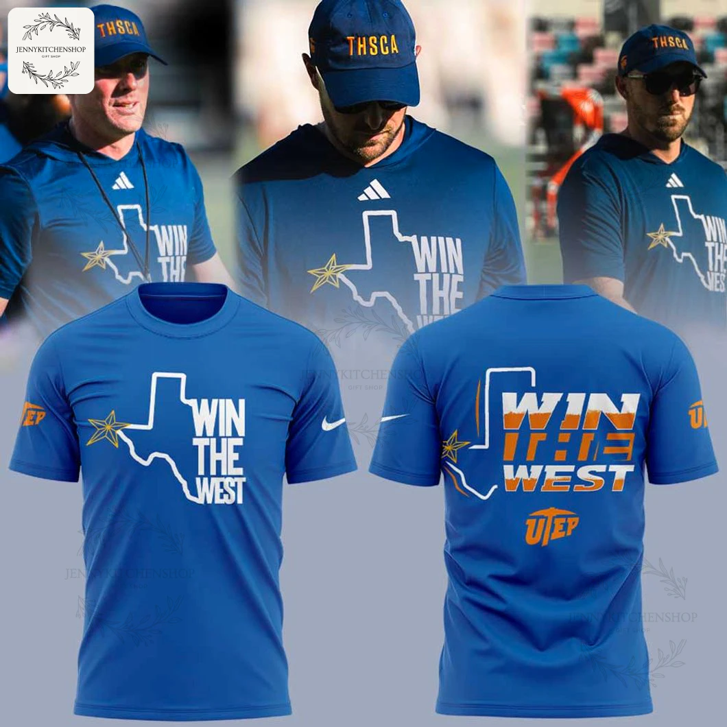 A collage showing a coach wearing the blue UTEP Miners "Win the West" t-shirt, with a detailed 3D mockup of the front and back.