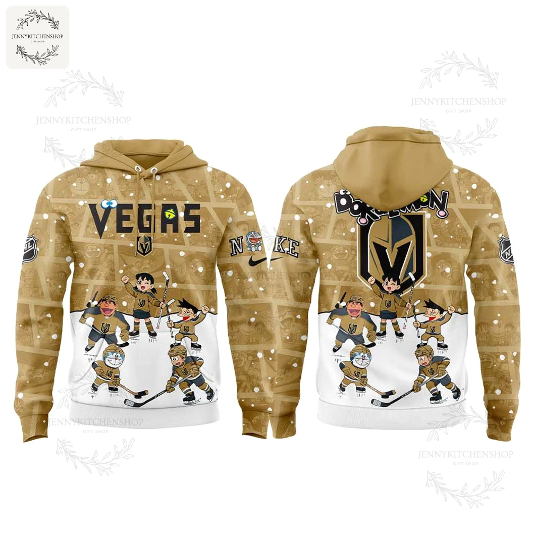 Beige hoodie back with prominent logo and Doraemon-inspired graphics, hockey players illustration and white hem details.